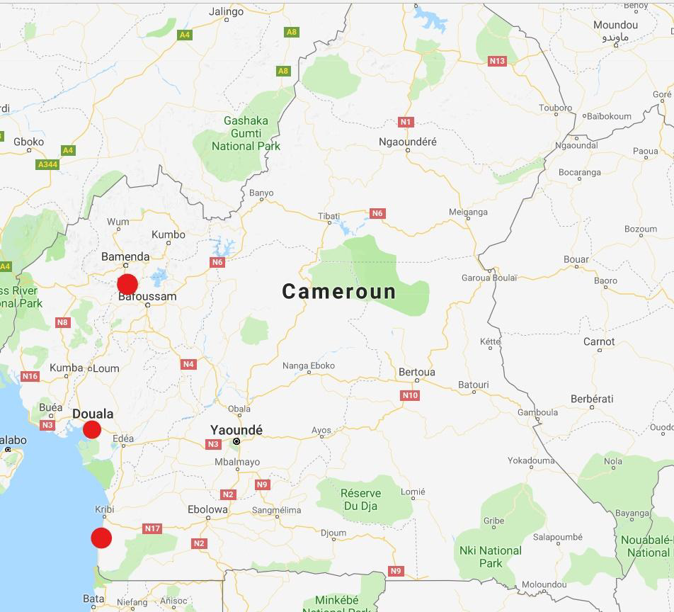 Carte du Cameroun situant Ebodjè sur le littoral sud près de Campo